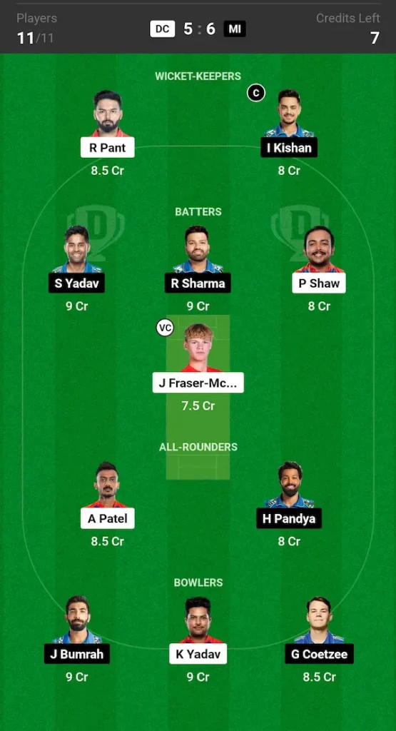 DC vs MI Dream11 Prediction: Grand League Team 